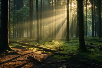 sun rays in the forest panoramic view