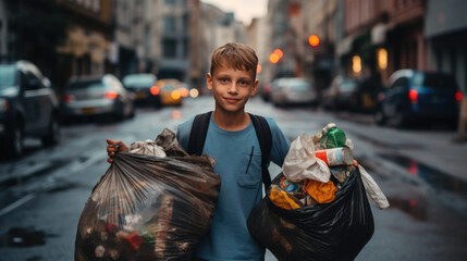 Child standing in large garbage bags in the background of a city street. - obrazy, fototapety, plakaty
