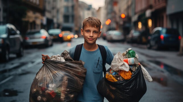 Child standing in large garbage bags in the background of a city street.