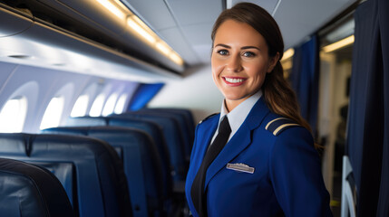 Portrait of a stewardess against the background of an airplane cabin.