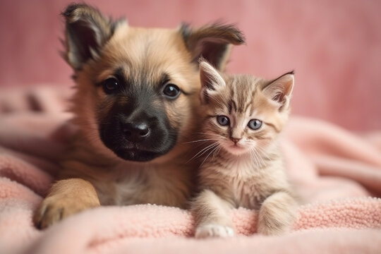  A heartwarming studio portrait photography capturing the adorable moments of a cute puppy and a cat snuggled on a pink blanket, radiating love and friendship. Ai generated