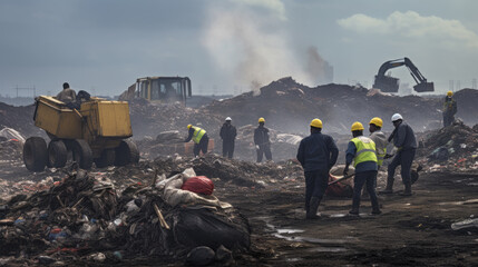 Group of people working at a garbage dump.