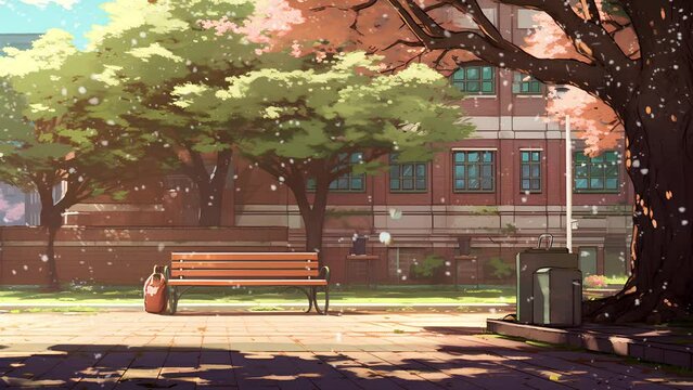 park bench in an anime style park. anime cartoon style. Seamless looping animated background. Animated looping background.