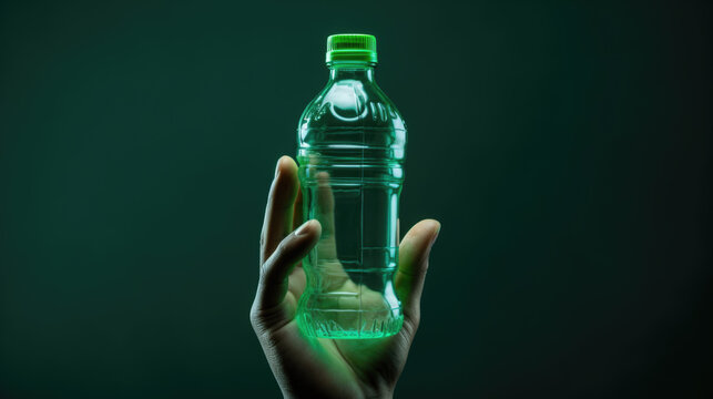 A man's hand holds a green plastic bottle.