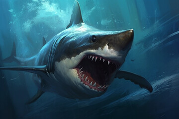 Obraz premium Encounter the terrifying presence of a massive killer shark lurking beneath the sea or ocean, showcasing its intimidating big teeth and open mouth. Ai generated