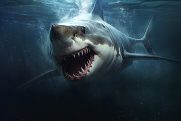 Encounter the terrifying presence of a massive killer shark lurking beneath the sea or ocean, showcasing its intimidating big teeth and open mouth. Ai generated - 631454991