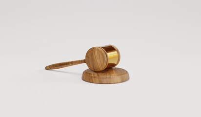 Wooden brown judge gavel, decision glossy mallet for court verdict. 3d realistic vector, isolated on white background. Auction hammer with gold on the stand. Law and justice system symbol.