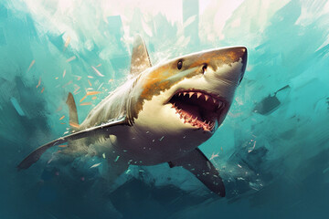 Naklejka premium Encounter the terrifying presence of a massive killer shark lurking beneath the sea or ocean, showcasing its intimidating big teeth and open mouth. Ai generated