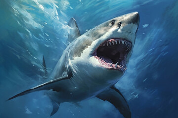 Naklejka premium Encounter the terrifying presence of a massive killer shark lurking beneath the sea or ocean, showcasing its intimidating big teeth and open mouth. Ai generated