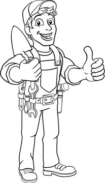 Construction site handyman builder man holding a trowel tool cartoon mascot. Giving a thumbs up