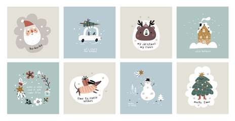 Christmas greeting cards with wishes quotes. Hand drawn New year prints with cute traditional design elements. Merry Christmas posters with santa, tree, car, animals, snowman, decorations and  gifts