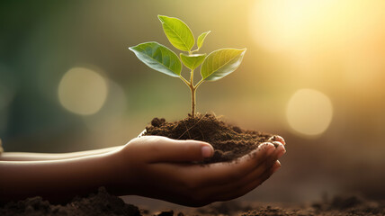 Two hands holding a small plant on a blurred green sunny background. Earth Day and Ecology concept. Generative AI