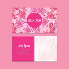 Business card template, flowers and leaves seamless pattern vector design. Double-sided creative business card template. Landscape orientation. Vector illustration.