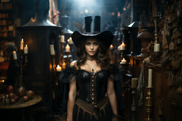 Obraz premium Portrait of a woman with wizard Halloween costume