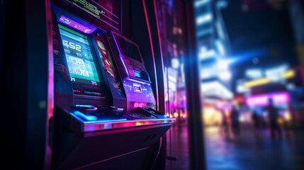 a hand inserting a credit card into an ATM machine, night city lights reflecting on the screen, neon colors