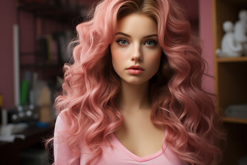 Fototapeta premium Plastic doll with long pink wavy curly hair