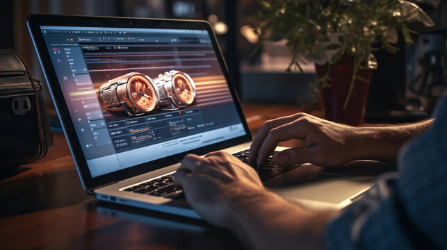 Hands Typing On A Laptop With A Budget Spreadsheet Visible On The Screen, And A Calculator And Glasses At The Side, Moody Lighting With The Focus On The Laptop And The Hands