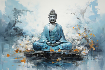 Sitting Buddha painting blue tones - obrazy, fototapety, plakaty
