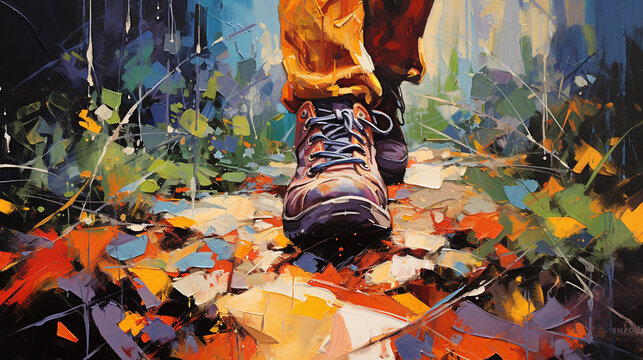 Abstract expressionistic painting of a wilderness trek, hiking boots treading an unseen path, splatters and drips to depict mud and foliage, bold color palette, large canvas format