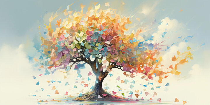 Abstract image of financial growth, a flourishing money tree, watercolor style, dreamy pastels, splashes of colour, light and airy, floating on a cloud