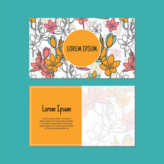 Business card template, flowers and leaves seamless pattern vector design. Double-sided creative business card template. Landscape orientation. Vector illustration.