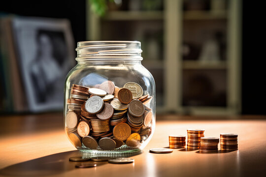 A Retirement Savings Jar Filled With Coins On A Vintage Wooden Desk, Calendar And Glasses In The Background, Natural Light From The Side