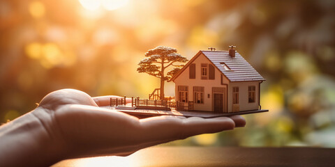 a hand holding a house model with keys, signifying property investment, blurred financial papers in the background, bright morning light creating an optimistic mood