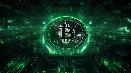Obraz premium cryptocurrency, digital money concept, cyberspace, neon matrix green, lines of code transforming into a Bitcoin symbol, dark background, cyberpunk style