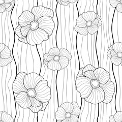 Flowers seamless pattern. Outline poppies on striped white background. Floral print for textile, wallpapers, fabric and wrapping paper. Vector illustration
