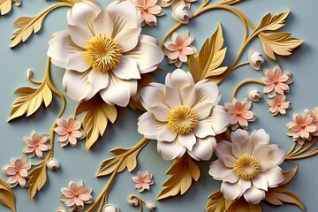 Elegant colorful 3d flowers with leaves on a tree illustration background. 