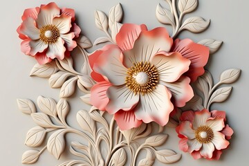 Elegant colorful 3d flowers with leaves on a tree illustration background. 