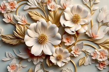 Elegant colorful 3d flowers with leaves on a tree illustration background. 