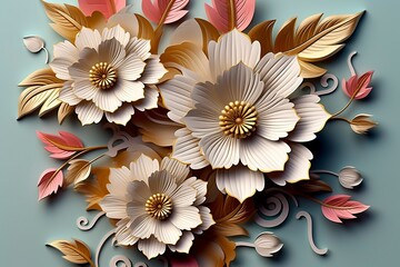 Elegant colorful 3d flowers with leaves on a tree illustration background. 