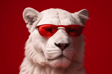 Fototapeta premium A visually striking artistic photo featuring a white lion with red sunglasses, set against a captivating red background. Ai generated