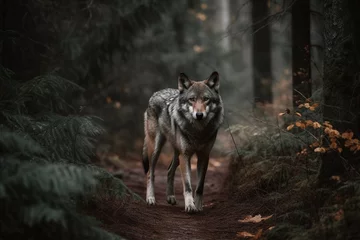  Encounter the awe inspiring presence of a big, scary, and majestic lone wolf traversing a forest path or trail, exuding untamed wilderness. Ai generated © dragomirescu