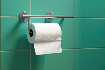 A white roll of soft toilet paper neatly hanging on a modern chrome holder.