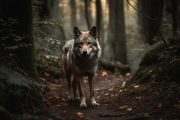 Encounter the awe inspiring presence of a big, scary, and majestic lone wolf traversing a forest path or trail, exuding untamed wilderness. Ai generated