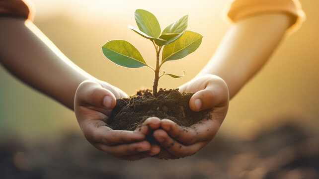 Two hands holding a small plant on a blurred green sunny background. Earth Day and Ecology concept. Generative AI