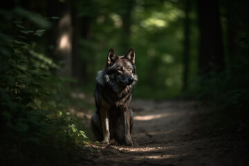 Fototapeta premium Encounter the awe inspiring presence of a big, scary, and majestic lone wolf traversing a forest path or trail, exuding untamed wilderness. Ai generated