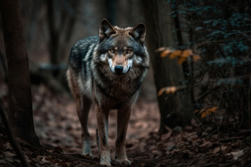 Obraz premium Encounter the awe inspiring presence of a big, scary, and majestic lone wolf traversing a forest path or trail, exuding untamed wilderness. Ai generated