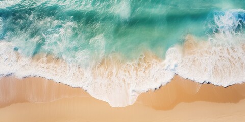 Relaxing aerial beach scene, summer vacation holiday template banner. Waves surf with amazing blue ocean lagoon, sea shore, coastline. Perfect aerial drone top view.  Ai Generative