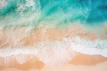 Fototapeta na wymiar Relaxing aerial beach scene, summer vacation holiday template banner. Waves surf with amazing blue ocean lagoon, sea shore, coastline. Perfect aerial drone top view. Ai Generative