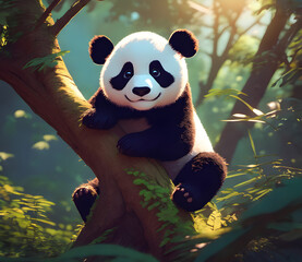Cute panda on a tree in the forest., Generative AI