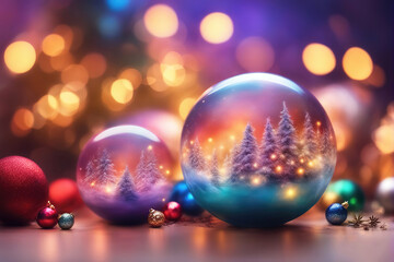 Christmas background with shiny balls, Christmas tree and blurred lights.