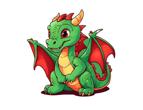 Green dragon in cartoon style on white background, Generative AI