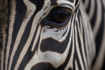 Witness the intricate beauty of a zebra  eye up close, showcasing a stunning skin line pattern in mesmerizing macro detail. Ai generated