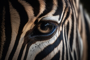 Witness the intricate beauty of a zebra  eye up close, showcasing a stunning skin line pattern in mesmerizing macro detail. Ai generated