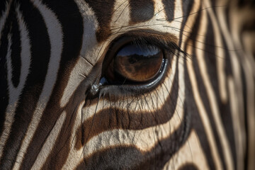 Witness the intricate beauty of a zebra  eye up close, showcasing a stunning skin line pattern in mesmerizing macro detail. Ai generated