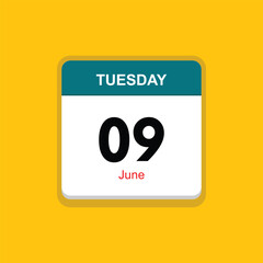 june 09 tuesday icon with yellow background, calender icon