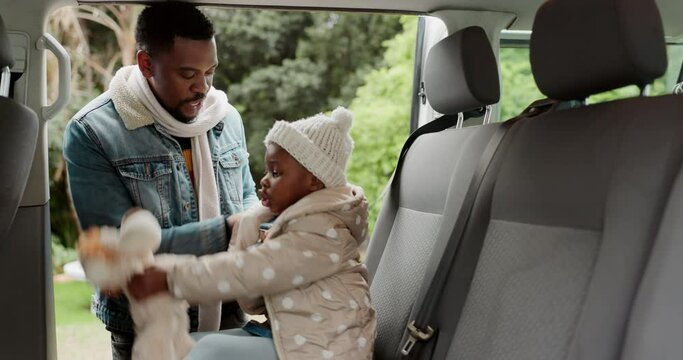 Help, seatbelt and car with father and baby for travel, driving or security. Happy, love and care with black man and young child in seat for support, transportation and family road trip together
